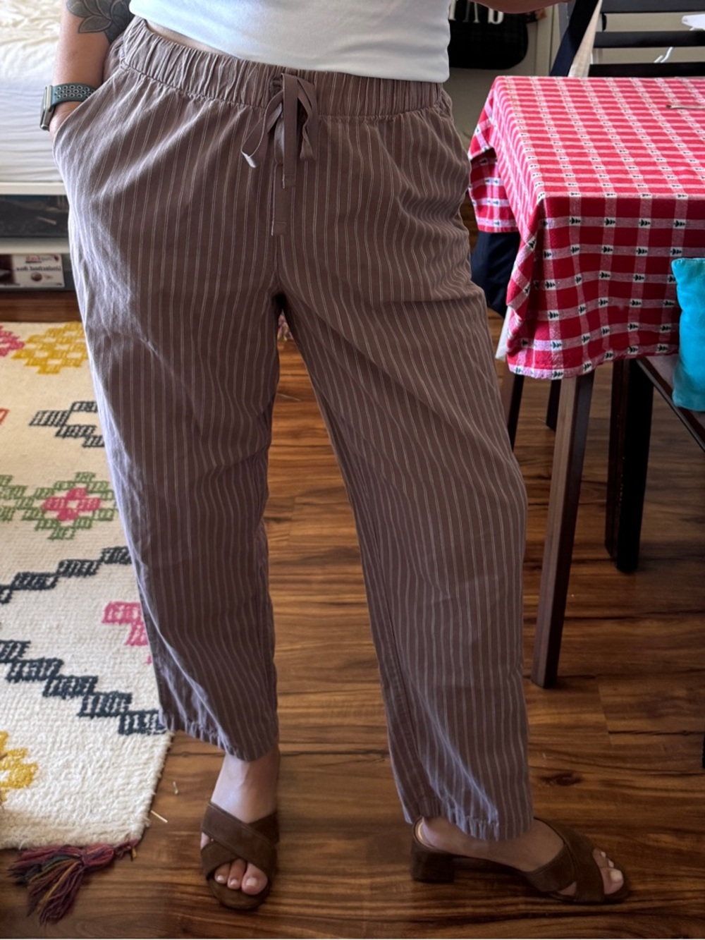 Uniqlo 100% Cotton Brown and White Striped Drawstring Pull on Pants L Fall